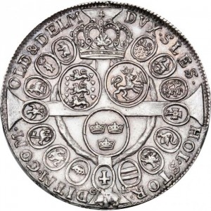 Реверс монеты Дания, 2 спесие далера, 1669, "DVX SLES HOL..." на реверсе, без даты