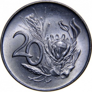 Реверс монеты ЮАР, 20 центов, 1965-1969, Надпись на английском языке - "SOUTH AFRICA"