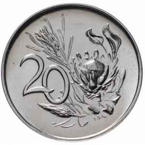 Реверс монеты ЮАР, 20 центов, 1965-1969, Надпись на языке африкаанс - "SUID-AFRIKA"