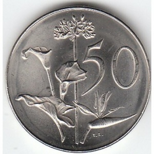 Реверс монеты ЮАР, 50 центов, 1965-1969, Надпись на языке африкаанс - "SUID-AFRIKA"