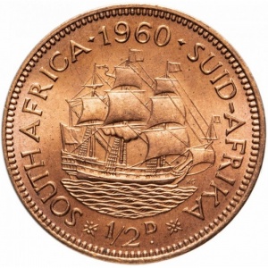 Реверс монеты ЮАР, ½ пенни, 1953-1960
