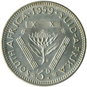 Реверс монеты ЮАР, 3 пенса, 1953-1960