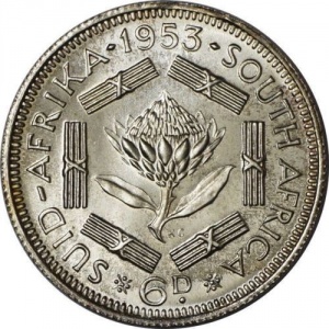 Реверс монеты ЮАР, 6 пенсов, 1953-1960
