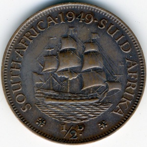 Реверс монеты ЮАР, ½ пенни, 1948-1950