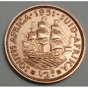 Реверс монеты ЮАР, ½ пенни, 1951-1952