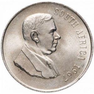 Аверс монеты ЮАР, 1 ранд, 1967, Первая годовщина смерти Хендрика Фервурда, надпись на английском - "SOUTH AFRICA"