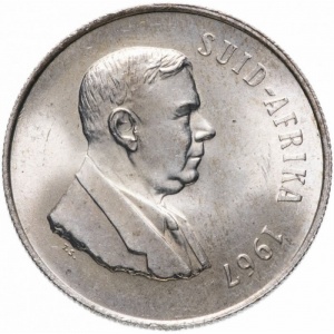 Аверс монеты ЮАР, 1 ранд, 1967, Первая годовщина смерти Хендрика Фервурда, надпись на африкаанс - "SUID-AFRIKA"