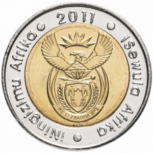 Аверс монеты ЮАР, 5 рандов, 2011, 90 лет Южноафриканскому Резервному Банку