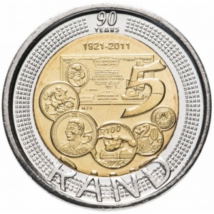 Реверс монеты ЮАР, 5 рандов, 2011, 90 лет Южноафриканскому Резервному Банку
