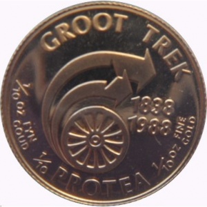 Реверс монеты ЮАР, 1/10 протеи, 1988, 150 лет Великому треку