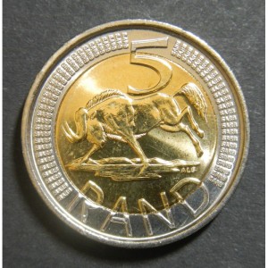 Реверс монеты ЮАР, 5 рандов, 2010, Чемпионат мира по футболу в Южной Африке 2010 - Стадион в Рюстенбурге