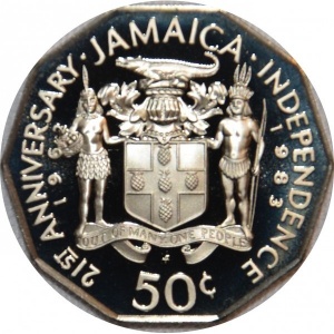 Аверс монеты Ямайка, 50 центов, 1983, 21 год Независимости