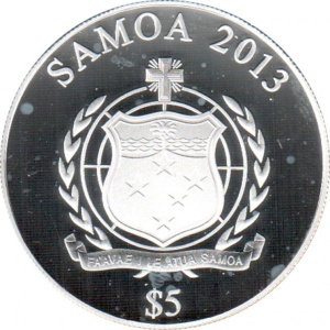 Аверс монеты Самоа, 5 долларов, 2013, 50 лет со дня смерти Джона Фицджеральда Кеннеди