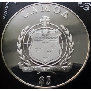 Аверс монеты Самоа, 5 тала, 2014, Великие композиторы - Иоганн Себастьян Бах