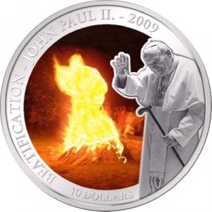 Реверс монеты Самоа, 5 тала, 2009, Беатификация Иоанна Павла II