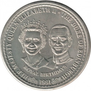 Реверс монеты Тёркс и Кайкос, 1 крона, 1991, 65 лет со дня рождения Елизаветы II и 70 лет со дня рождения Принца Филиппа