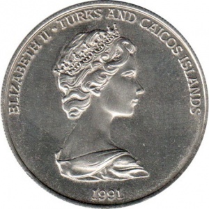 Аверс монеты Тёркс и Кайкос, 5 крон, 1991, 500 лет открытию Америки