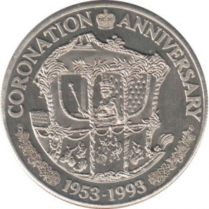 Реверс монеты Тёркс и Кайкос, 5 крон, 1993, 40 лет коронации Королевы Елизаветы II /в карете/