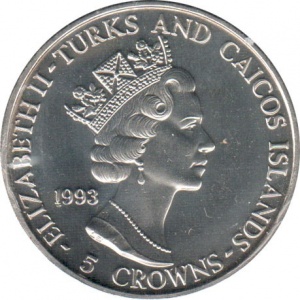 Аверс монеты Тёркс и Кайкос, 5 крон, 1993, XVII зимние Олимпийские Игры, Лиллехаммер 1994 - Бобслей