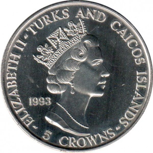 Аверс монеты Тёркс и Кайкос, 5 крон, 1993, Аполлон 11 - Прогулка по Луне