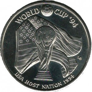 Реверс монеты Тёркс и Кайкос, 5 крон, 1993, Чемпионат мира по футболу FIFA, США 1994 - Страна-хозяйка США /с указание…