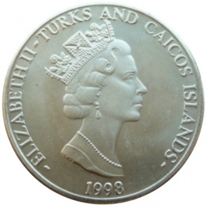 Аверс монеты Тёркс и Кайкос, 5 крон, 1998, Китайский гороскоп - год тигра