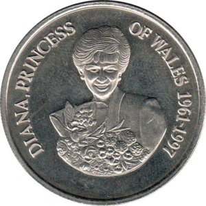 Реверс монеты Тёркс и Кайкос, 5 крон, 1998, 1 год со дня смерти Принцессы Дианы /букет цветов/