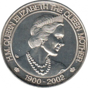 Реверс монеты Тёркс и Кайкос, 5 крон, 2002, Смерть Королевы-матери