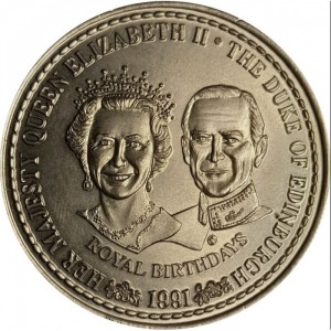 Реверс монеты Тёркс и Кайкос, 1 крона, 1991, 65 лет со дня рождения Елизаветы II и 70 лет со дня рождения Принца Филиппа