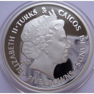 Аверс монеты Тёркс и Кайкос, 5 крон, 2001, Королева Елизавета, королева‑мать