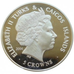 Аверс монеты Тёркс и Кайкос, 5 крон, 2004, Королевские регалии Великобритании - Корона Святого Эдуарда