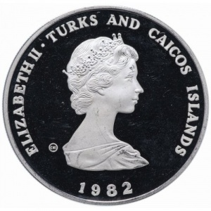 Аверс монеты Тёркс и Кайкос, 10 крон, 1982, Чемпионат мира по футболу 1982 /один футболист/