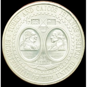 Реверс монеты Тёркс и Кайкос, 20 крон, 1976, 200 лет Соединенным Штатам Америки