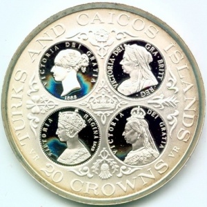 Реверс монеты Тёркс и Кайкос, 20 крон, 1976-1977, Королева Виктория