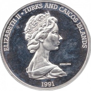 Аверс монеты Тёркс и Кайкос, 20 крон, 1991, 500 лет открытию Америки. Экипаж Колумба осматривает землю
