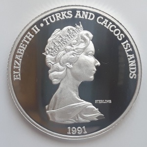 Аверс монеты Тёркс и Кайкос, 20 крон, 1991, 500 лет открытию Америки. Колумб осматривает Новый Свет