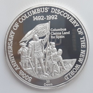 Реверс монеты Тёркс и Кайкос, 20 крон, 1991, 500 лет открытию Америки. Колумб претендует на новые земли для Испании