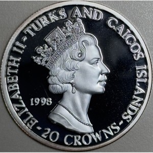 Аверс монеты Тёркс и Кайкос, 20 крон, 1998, 80 лет Королевским ВВС - Многоцелевой боевой самолёт "Торнадо"