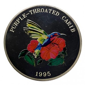 Реверс монеты Тёркс и Кайкос, 25 крон, 1995, Колибри - Пурпурногорлый Кариб