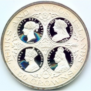 Реверс монеты Тёркс и Кайкос, 50 крон, 1976-1977, Королева Виктория