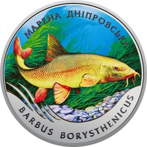 Реверс монеты Украина, 2 гривны, 2018, Днепровский усач (Barbus borysthenicus)