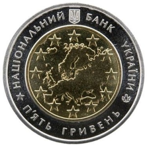 Аверс монеты Украина, 5 гривен, 2009, 60 лет Совету Европы