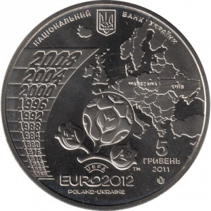 Аверс монеты Украина, 5 гривен, 2011, Финальный турнир чемпионата Европы по футболу 2012