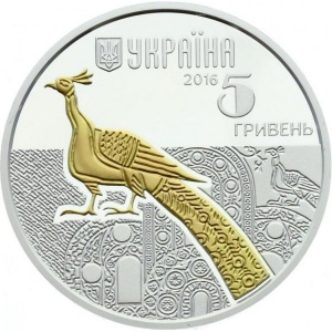 Аверс монеты Украина, 5 гривен, 2016, Фауна в памятниках культуры Украины - Павлин