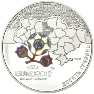 Аверс монеты Украина, 10 гривен, 2011, Финальный турнир чемпионата Европы по футболу 2012, Киев