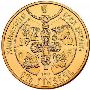 Аверс монеты Украина, 100 гривен, 2013, 1025 лет крещению Киевской Руси