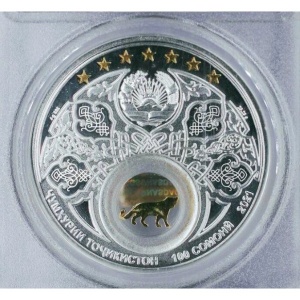 Аверс монеты Таджикистан, 100 сомони, 2021, Животный мир Таджикистана - Ирбис / Panthera uncia/