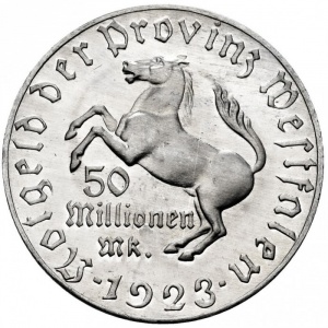 Аверс монеты Германия, 50.000.000 марок, 1923, Алюминий /белый цвет/. Диаметр 44 мм