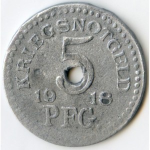 Реверс монеты Германия, 5 пфеннигов, 1918, Цинк, не магнетик. С отверстием