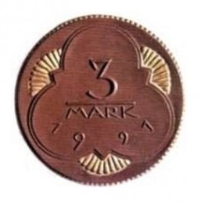 Реверс монеты Германия, 3 марки, 1921, Коричневый цвет. Край, 3 пучка лучей и границы трилистника с позолотой
